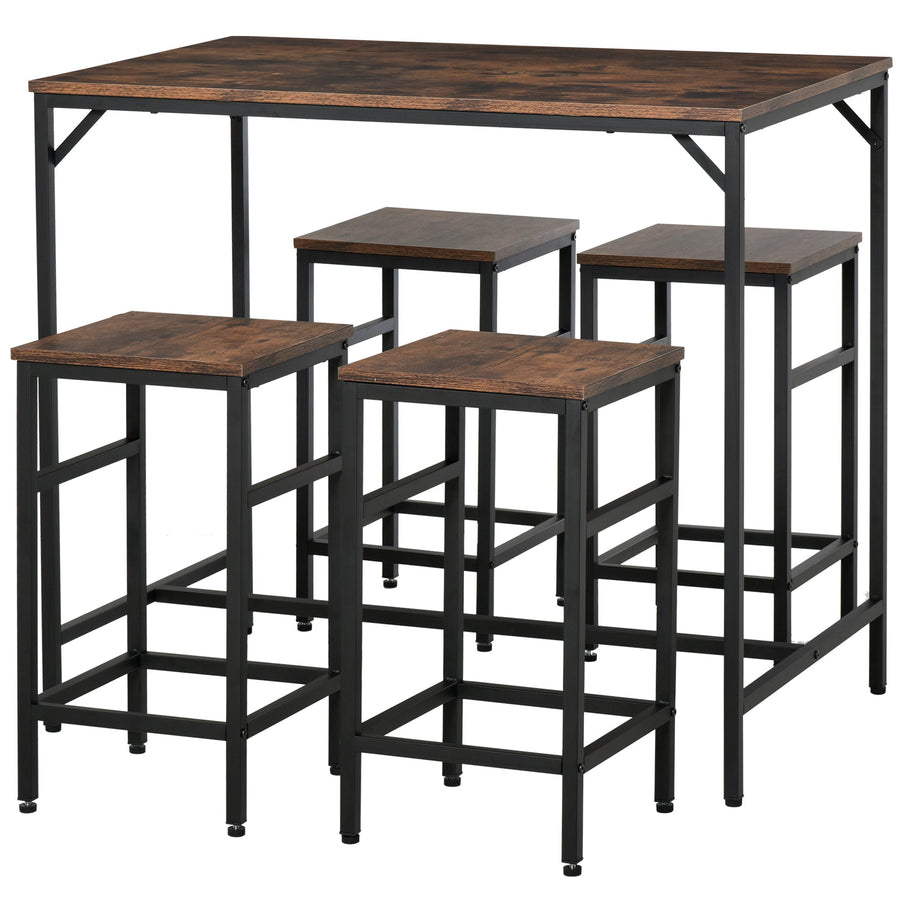 HOMCOM 5-Piece Breakfast Bar Table and Stools Set, Kitchen Bar Table Set with High Table and 4 Stools, Space Saving Compact