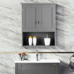 Grey wall cabinet mounted above a sink and vanity unit, with bottles on the shelf