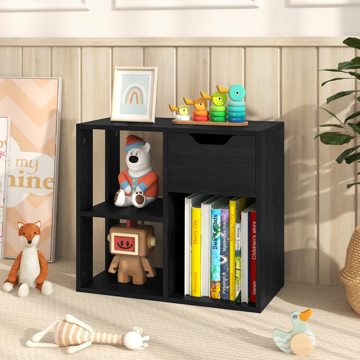 3-Cube Wooden Storage Shelf with Drawer-Black