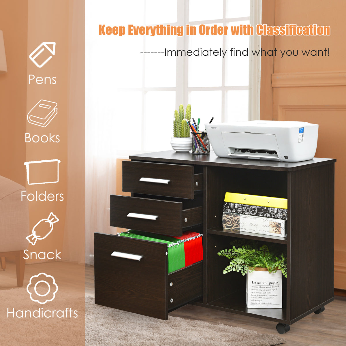 3-Drawer File Cabinet with Hanging Bars for Letter Size Documents-Coffee