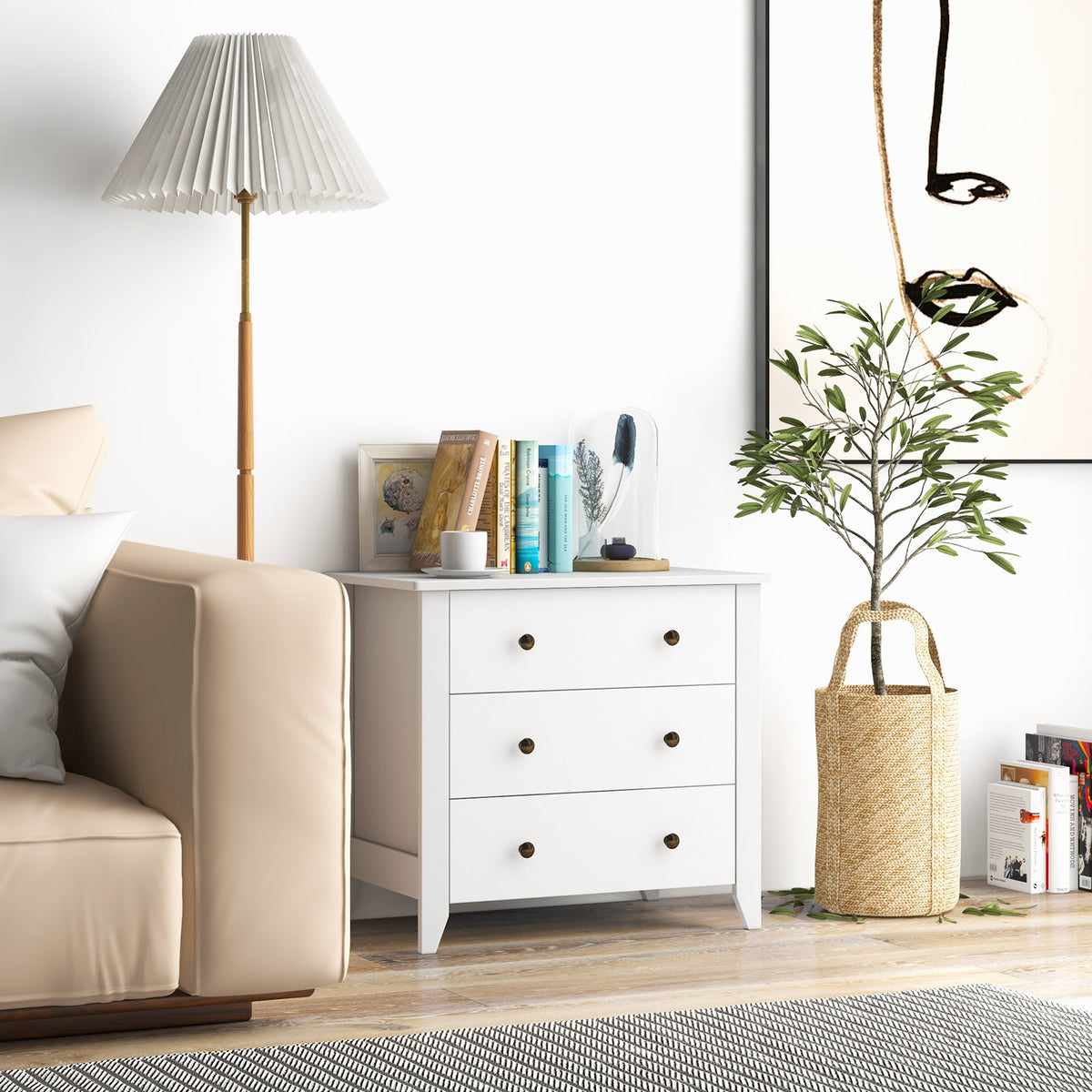 3-Drawer Wooden Dresser Chest of Drawers with Round Metal Knobs-White