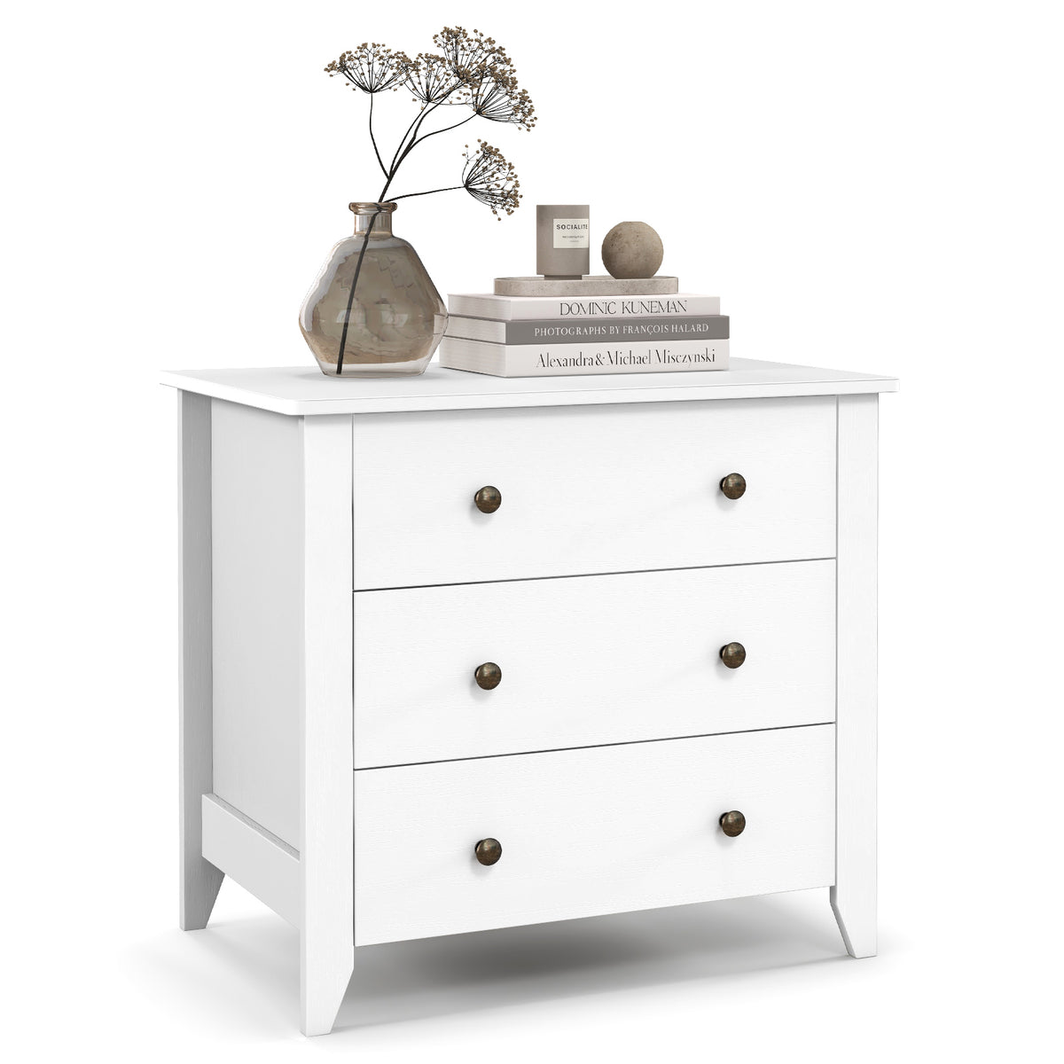 3-Drawer Wooden Dresser Chest of Drawers with Round Metal Knobs-White