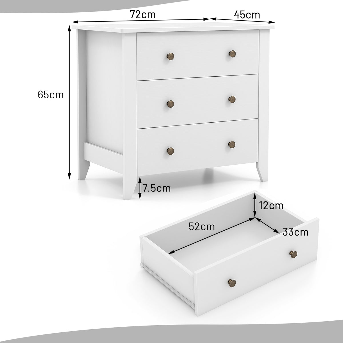 3-Drawer Wooden Dresser Chest of Drawers with Round Metal Knobs-White