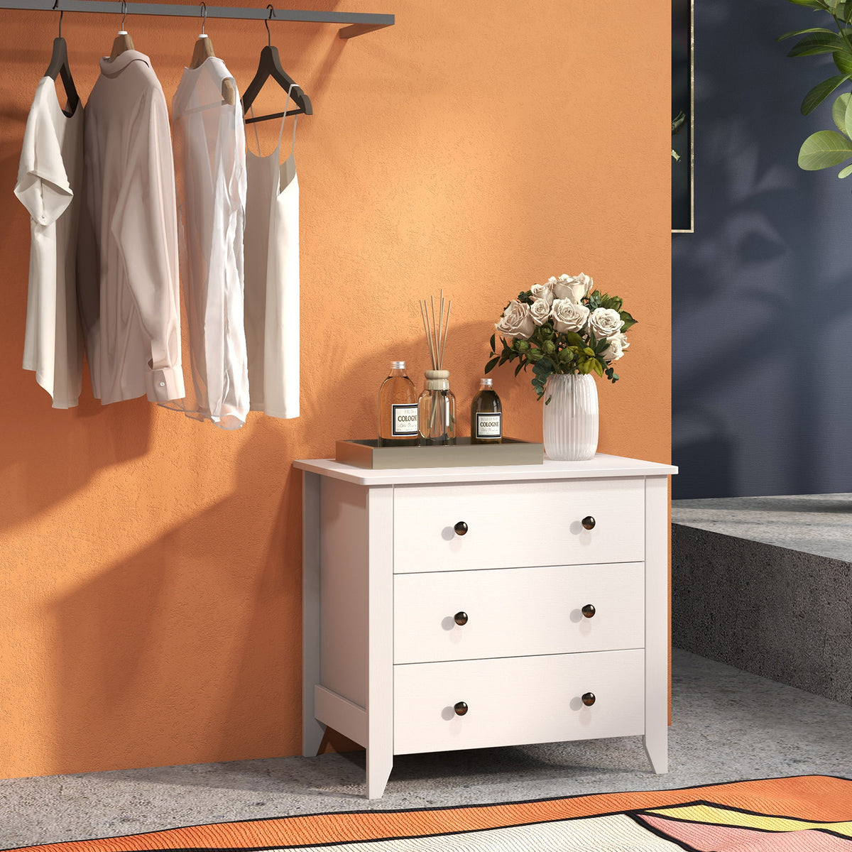 3-Drawer Wooden Dresser Chest of Drawers with Round Metal Knobs-White