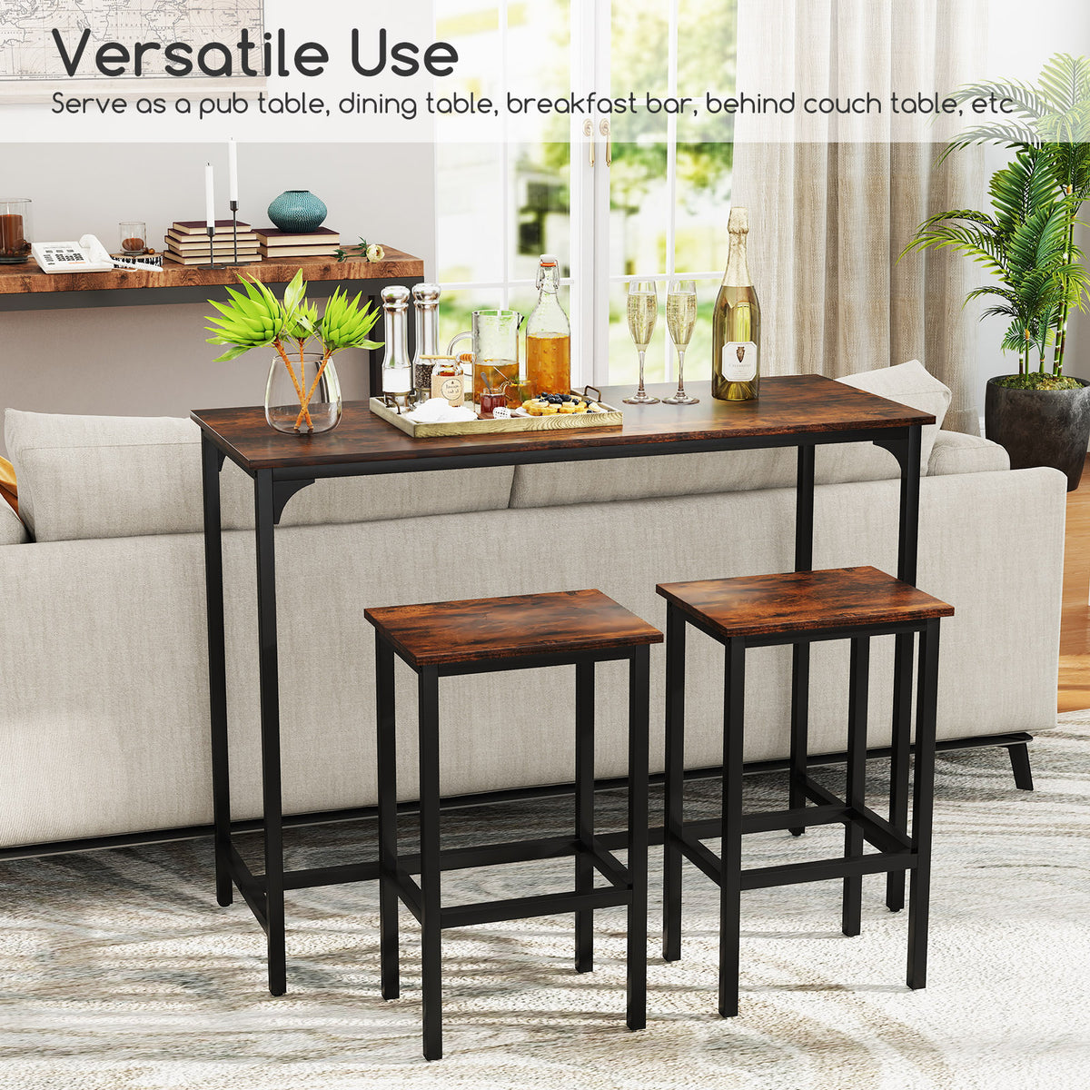 3-Piece Dining Table Set with High Top Rectangular Pub Table and Chairs-Rustic Brown