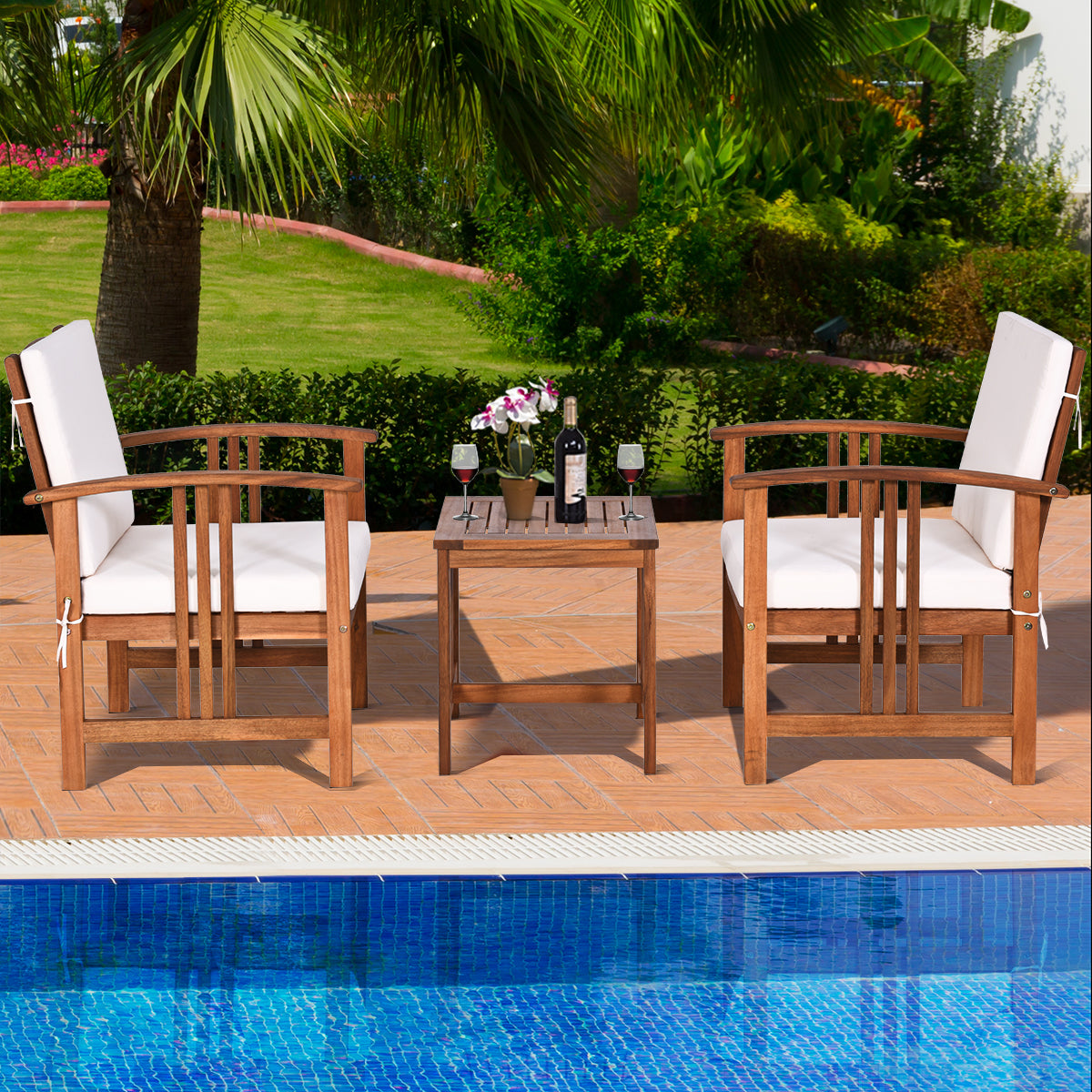 3-Piece Outdoor Acacia Wood Sofa Set with Cushions-White