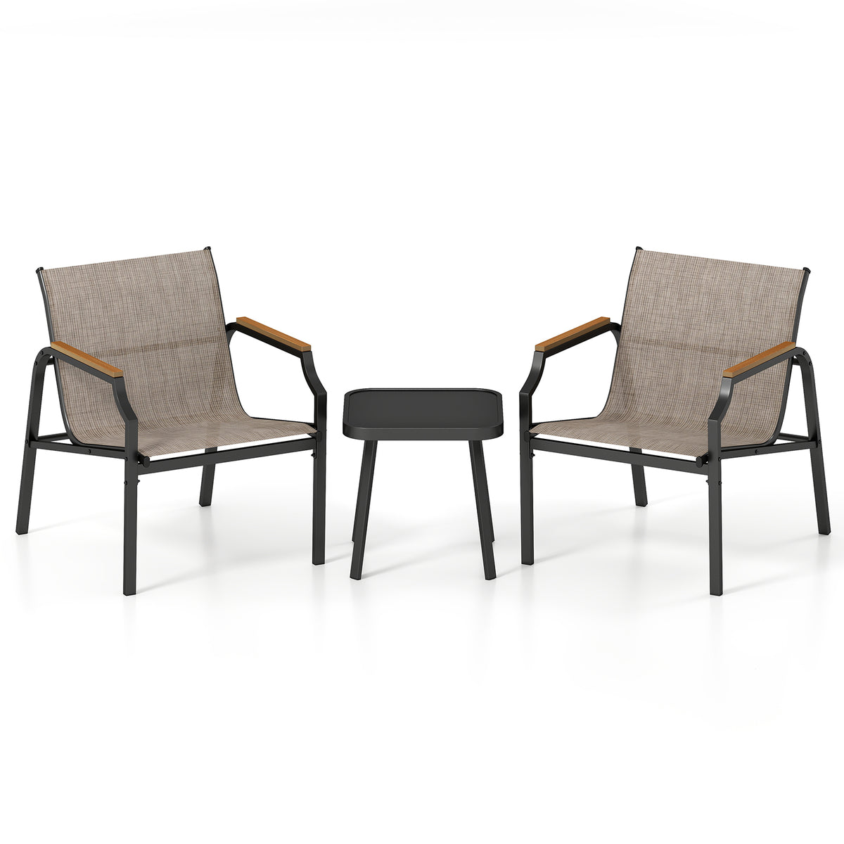 3 Piece Outdoor Chair Set with Breathable Fabric Seat and Wood-Plastic Armrests-Brown