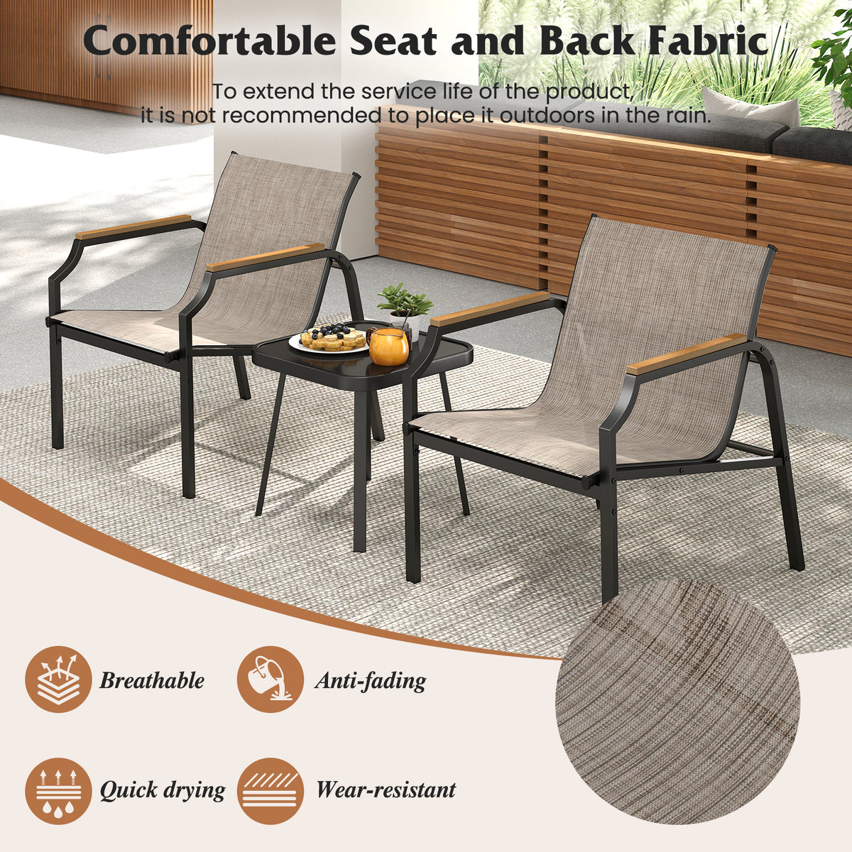 3 Piece Outdoor Chair Set with Breathable Fabric Seat and Wood-Plastic Armrests-Brown