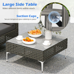 3 Pieces PE Rattan Conversation Chairs with Tempered Glass Coffee Table for Garden Porch-Grey