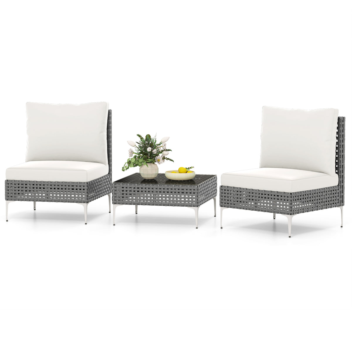 3 Pieces PE Rattan Conversation Chairs with Tempered Glass Coffee Table for Garden Porch-White