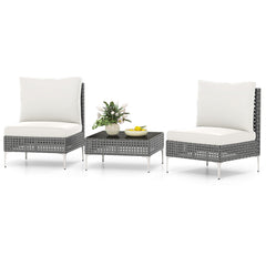 3 Pieces PE Rattan Conversation Chairs with Tempered Glass Coffee Table for Garden Porch-White