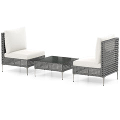 3 Pieces PE Rattan Conversation Chairs with Tempered Glass Coffee Table for Garden Porch-White