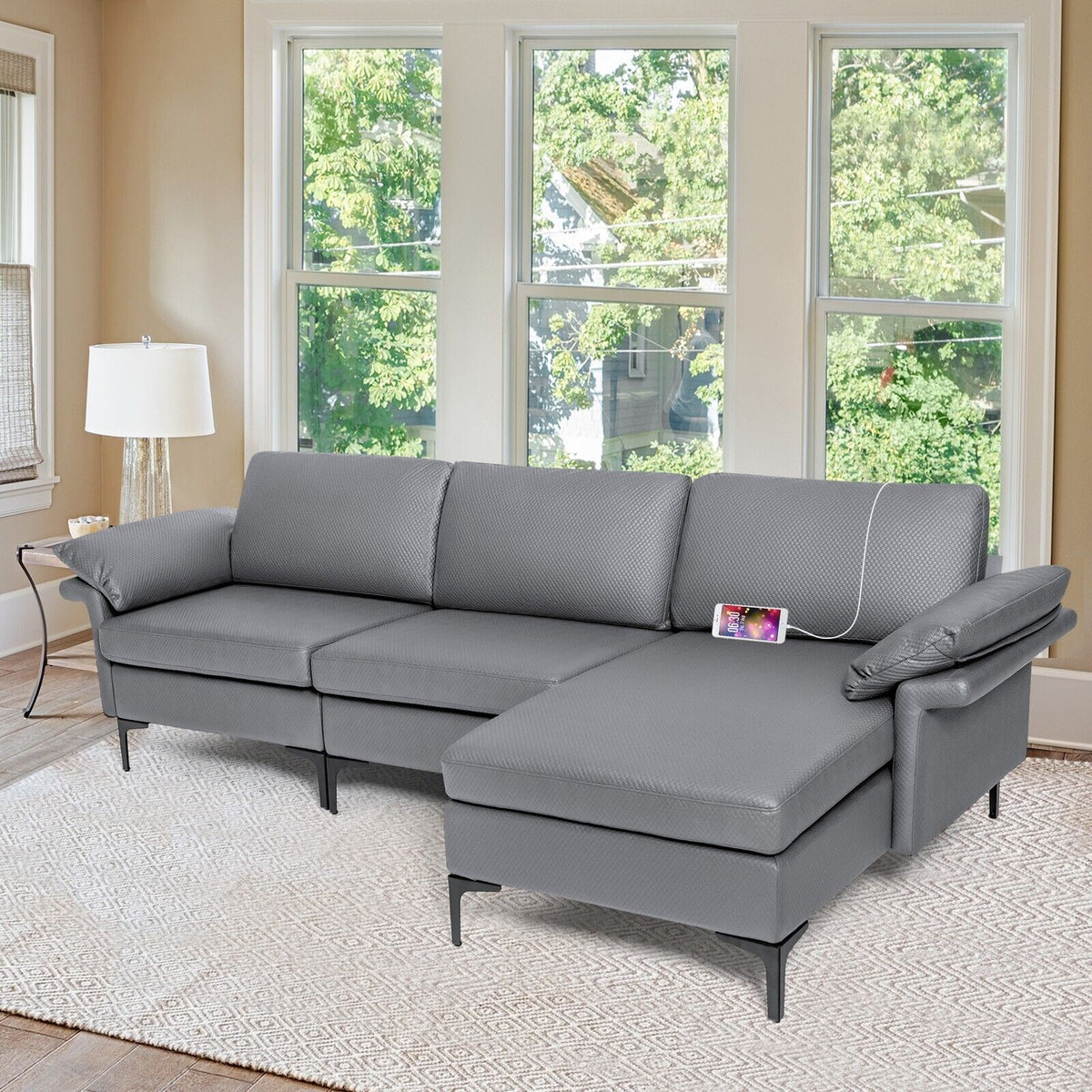 L-shaped 3-Seat Upholstered Sectional Sofa-Grey