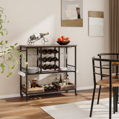 3 Tiers Bar Cart on Wheels with Glass Racks-Brown