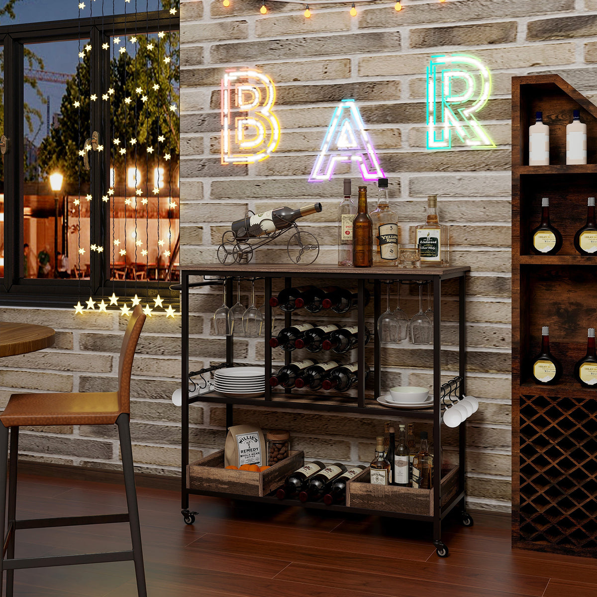 3 Tiers Bar Cart on Wheels with Glass Racks-Brown