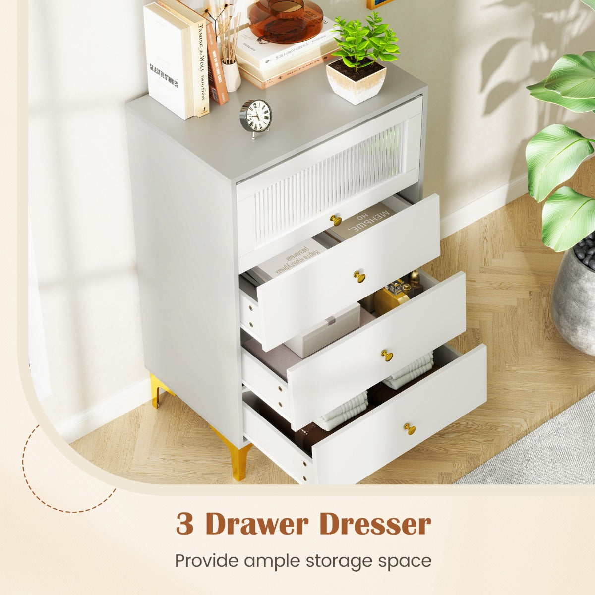 3/4 Drawer Dresser Cabinet with Flip Up Fluted Glass Door-3 Drawers