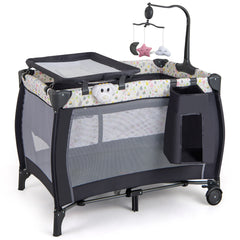 The baby playpen with a changing table, hanging mobile and side storage pocket