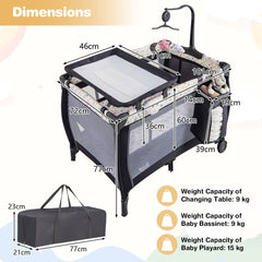 The baby playard with dimension lines and weight capacity icons for each section