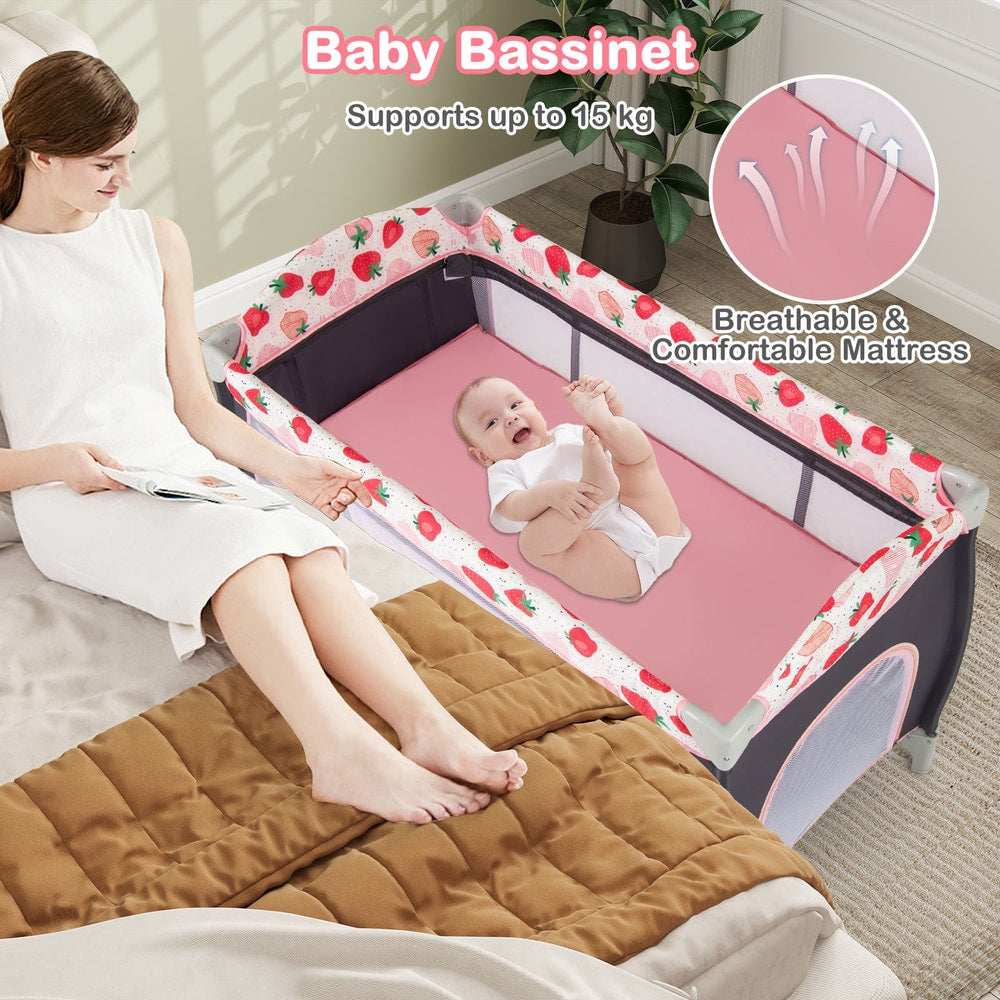 The baby playpen set up as a bassinet with a comfortable mattress for a resting infant