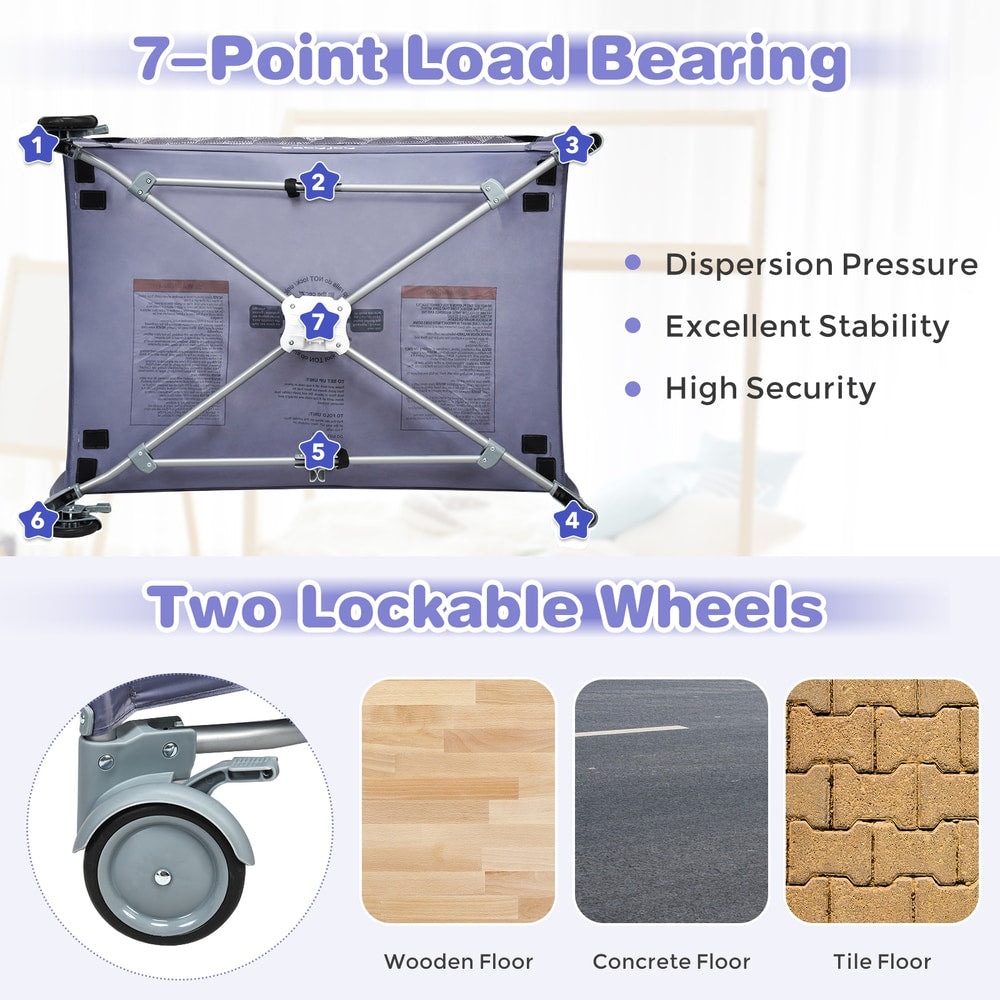 3 in 1 Convertible Bassinet Cot, the baby playpen base showing seven support points and a close-up of the lockable wheel