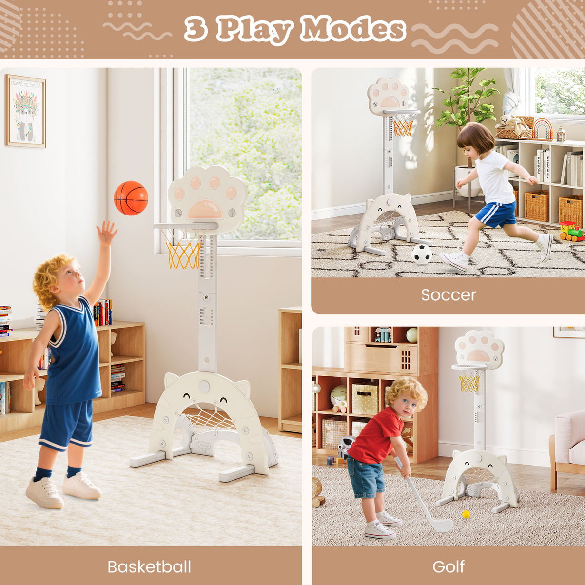 3-in-1 Kids Sports Center Adjustable Basketball Hoop with Soccer Game-White