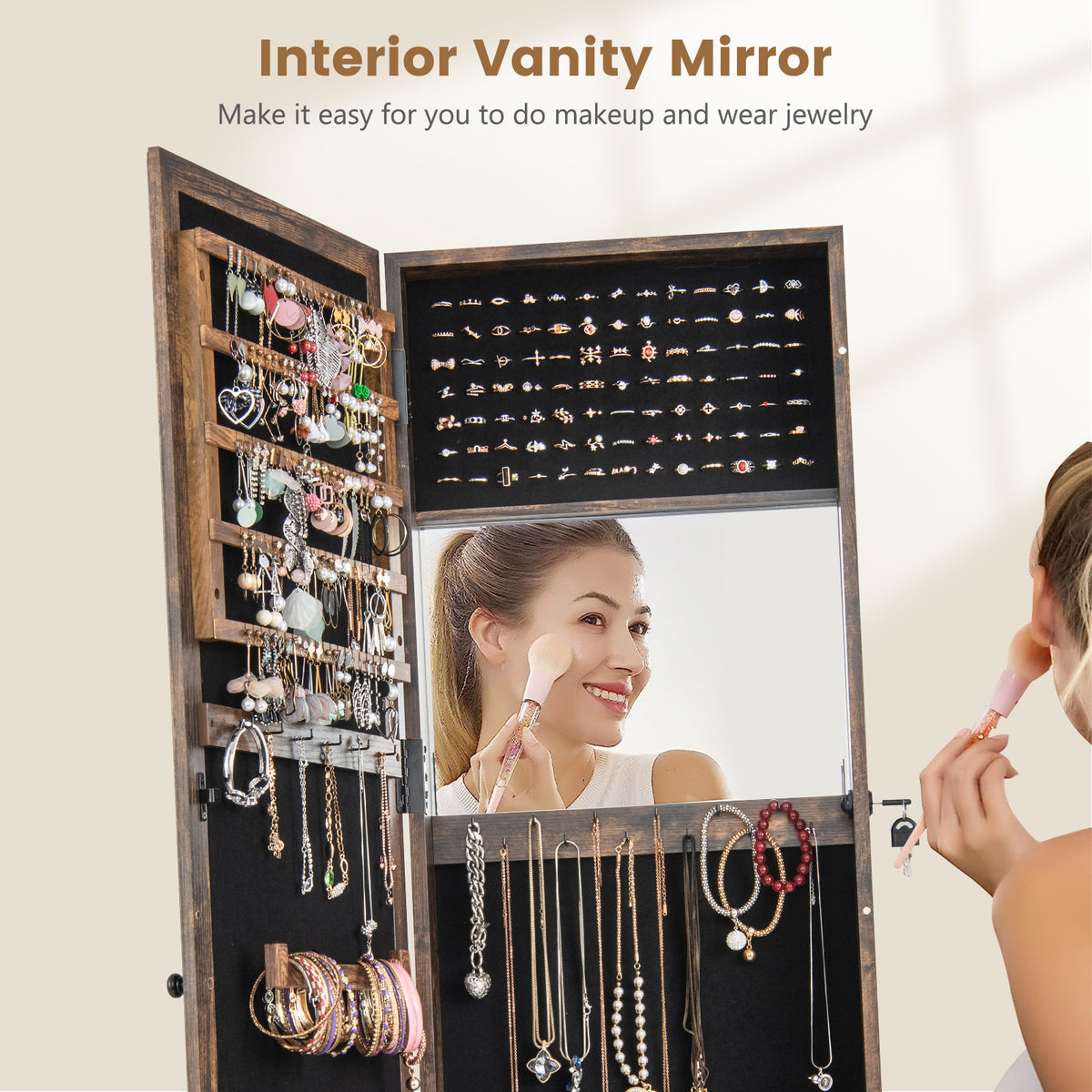 3-in-1 Mirrored Jewelry Armoire with Display Shelves-Brown
