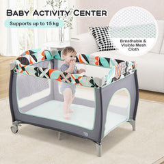 The baby playpen used as an activity centre with a toddler standing inside on the mesh base