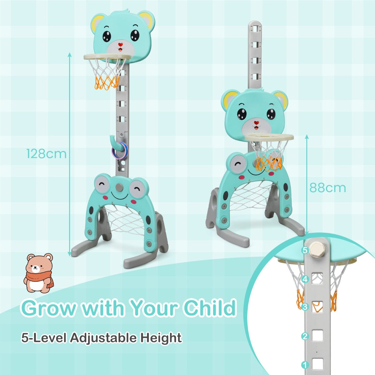 3 IN 1 Kids Basketball Hoop and Stand Set-Green