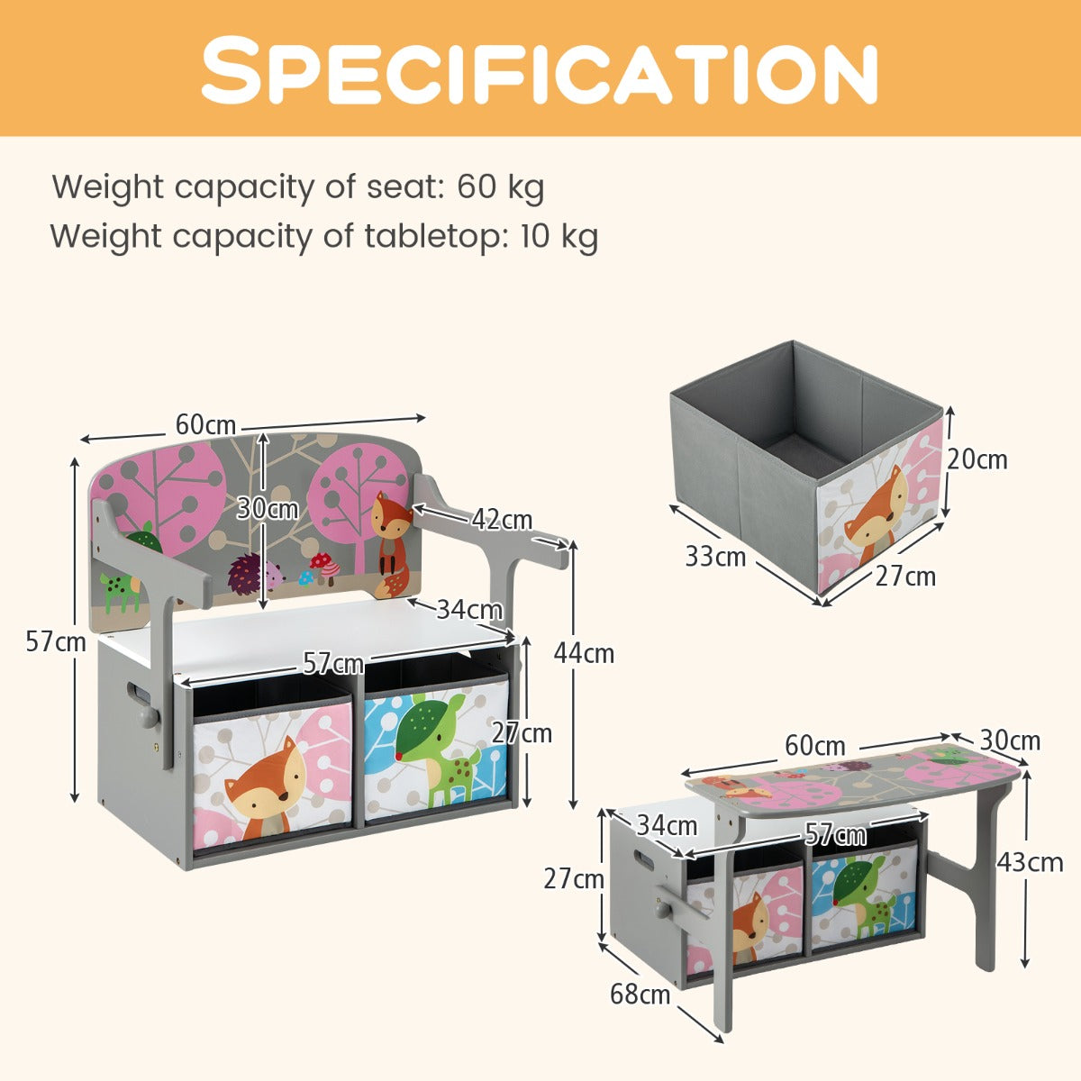 3 in 1 Kids Convertible Activity Bench with 2 Removable Fabric Bins for Drawing Playing-Grey