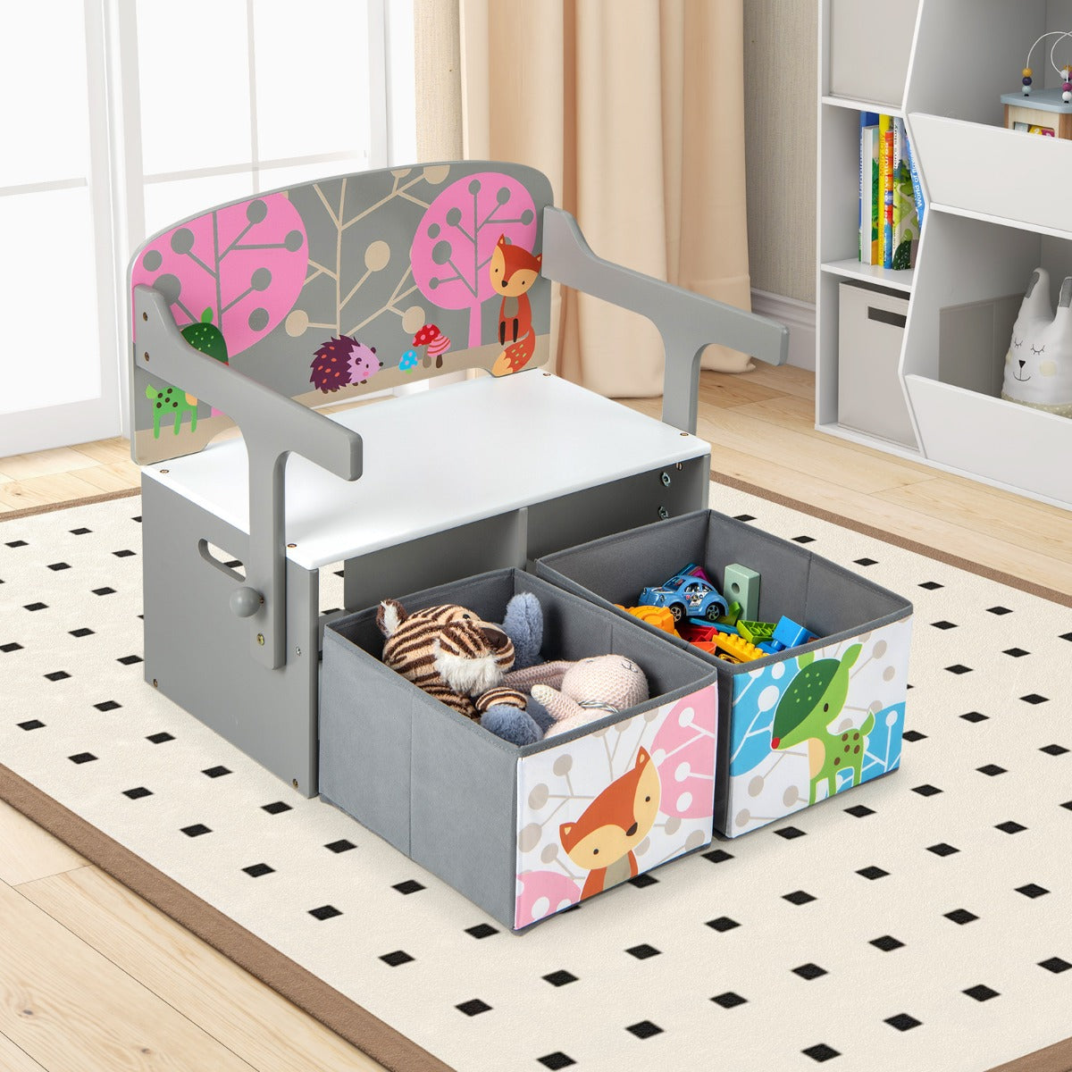 3 in 1 Kids Convertible Activity Bench with 2 Removable Fabric Bins for Drawing Playing-Grey