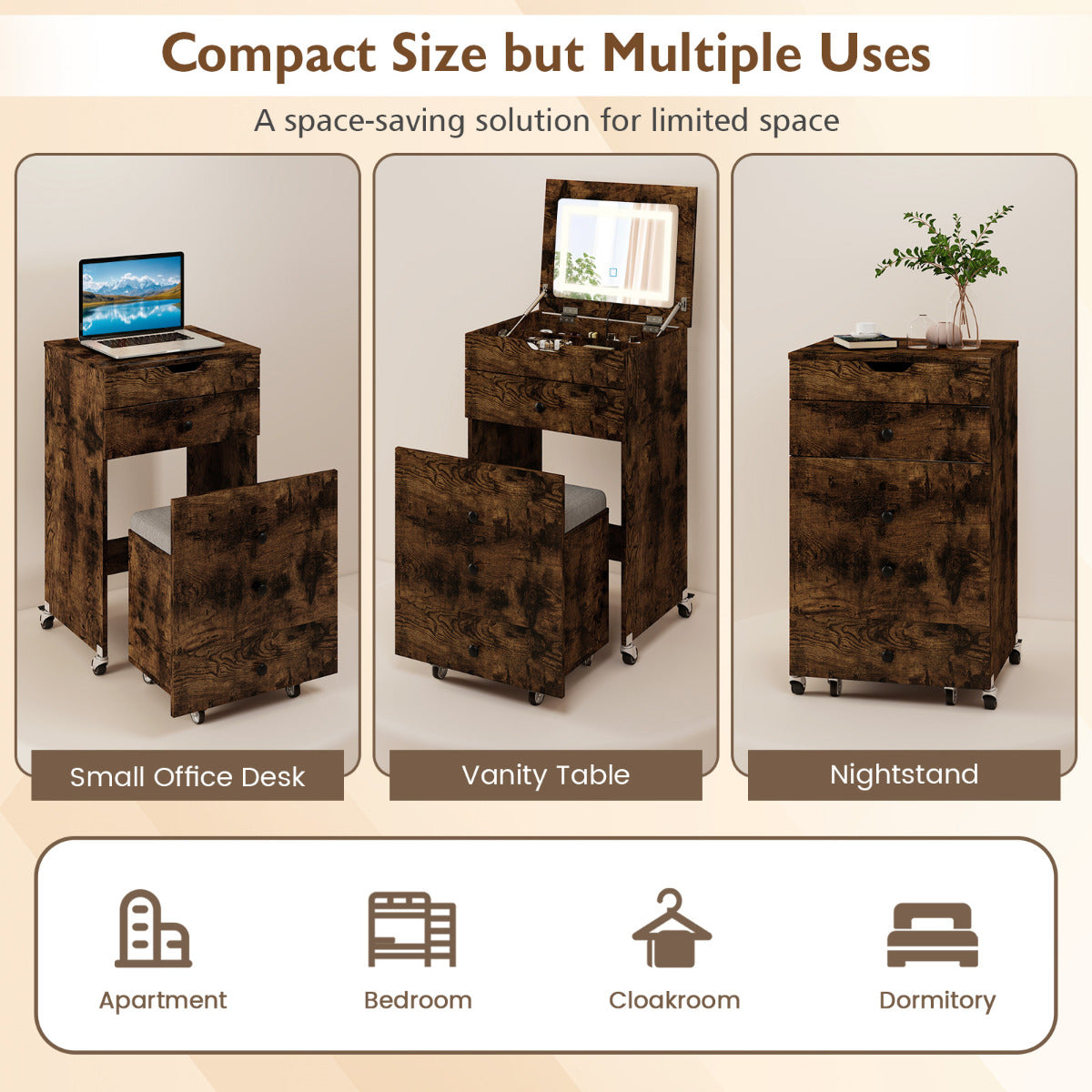 3-in-1 Small Vanity Desk Set with Flip-top Mirror and Lights-Rustic Brown