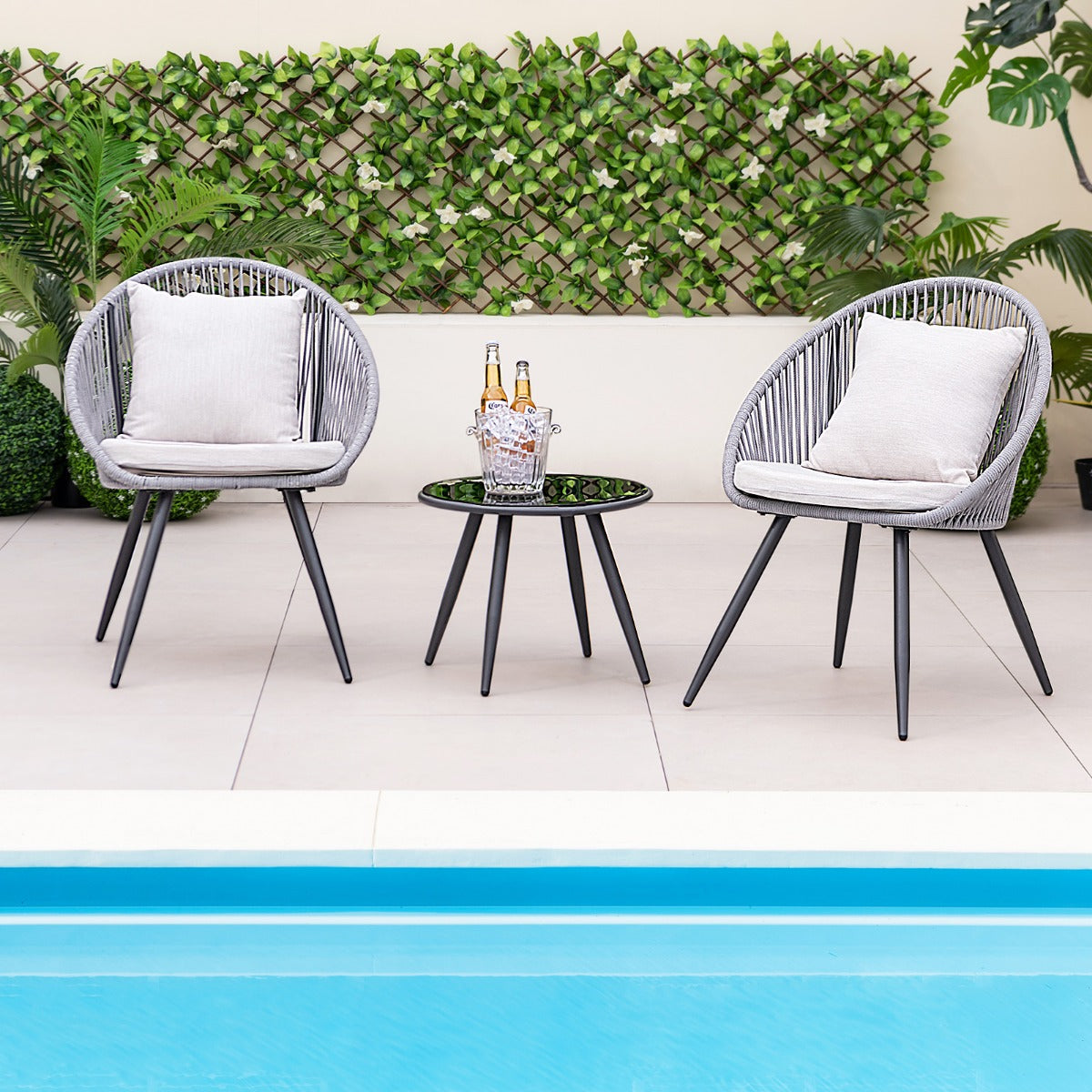 3 Piece Patio Furniture Set with Seat and Back Cushions for Backyard Porch Garden-Grey