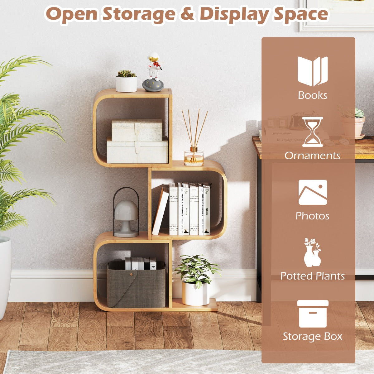 S-Shaped Bookcase Bamboo Bookshelf with 2 Open Cubes-3-Tier