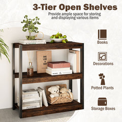 3 Tier Wooden Bookcase with Dual Anti-Tipping Kits and Open Shelving Unit-Rustic Brown