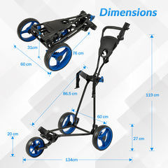 3 Wheel Folding Golf Push Cart with Adjustable Height Handle and Foot Brake-Blue