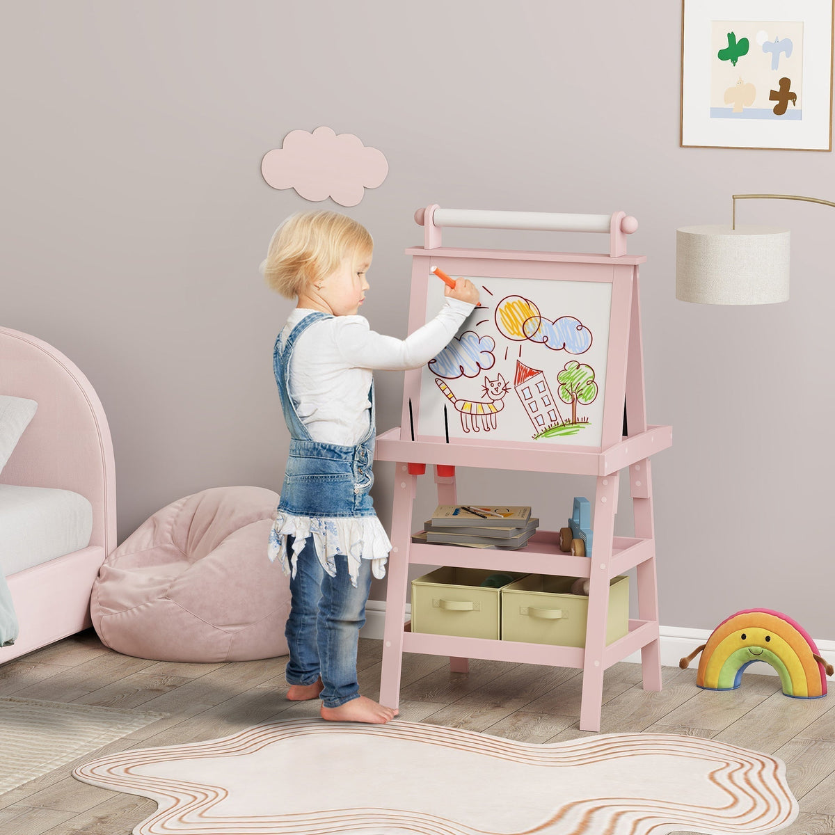 AIYAPLAY 3 in 1 Kids Easel Double-Sided Magnetic Whiteboard and Chalkboard with Paper Roll, Storage Baskets - Pink
