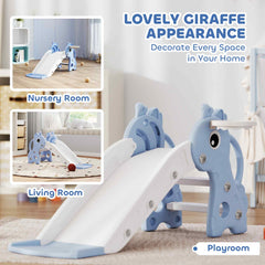 AIYAPLAY 3 in 1 Kids Slide with Climber, Basketball Hoop and Ball, Giraffe Shape Climber Slide for Indoor Kids Age 1-3, Blue