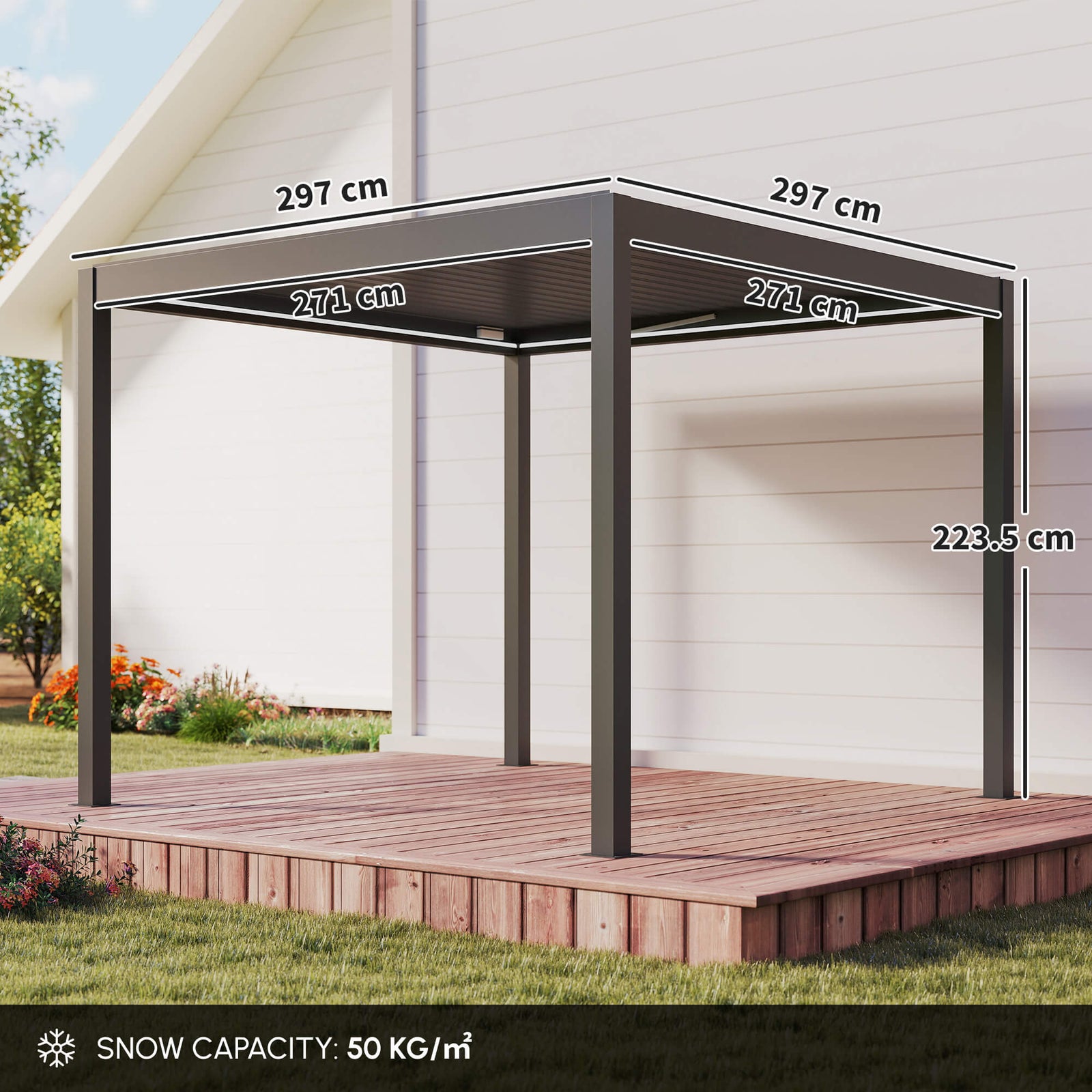 Outsunny 3 x 3(m) Electric Louvered Pergola with LED Lights, Aluminium Pergola Hardtop Gazebo with Remote, Adjustable Roof and Drainage System, Water and UV Proof