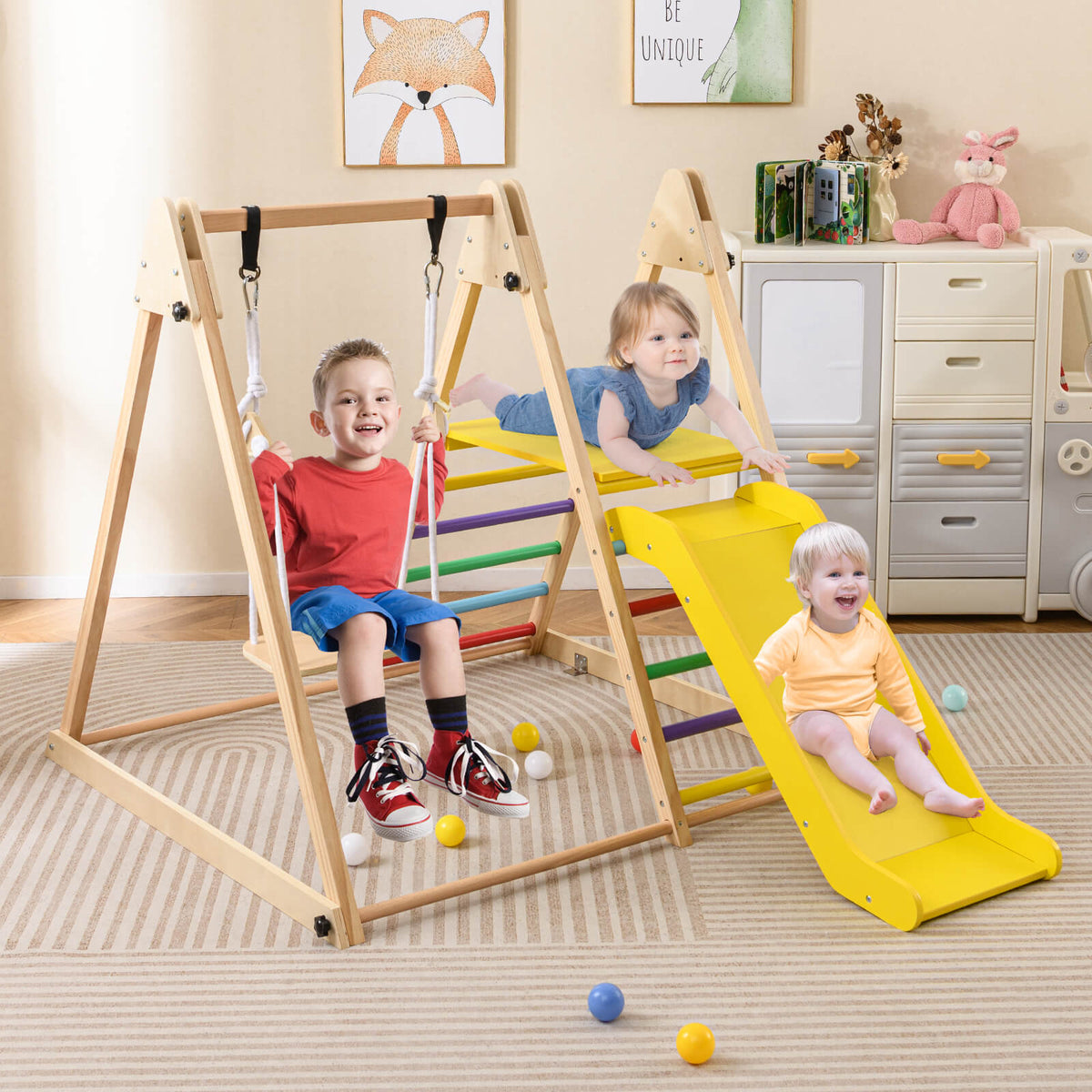 3-in-1 Foldable Indoor Jungle Gym Wooden Climbing Toys with Swing-Multicolor