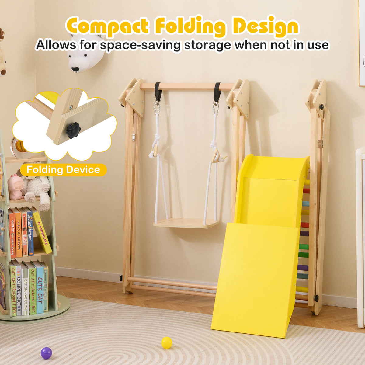 3-in-1 Foldable Indoor Jungle Gym Wooden Climbing Toys with Swing-Multicolor
