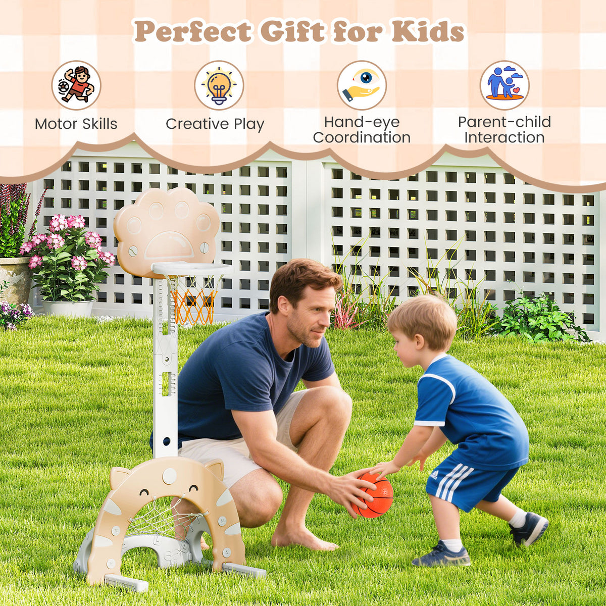3-in-1 Kids Sports Center Adjustable Basketball Hoop with Soccer Game-Coffee