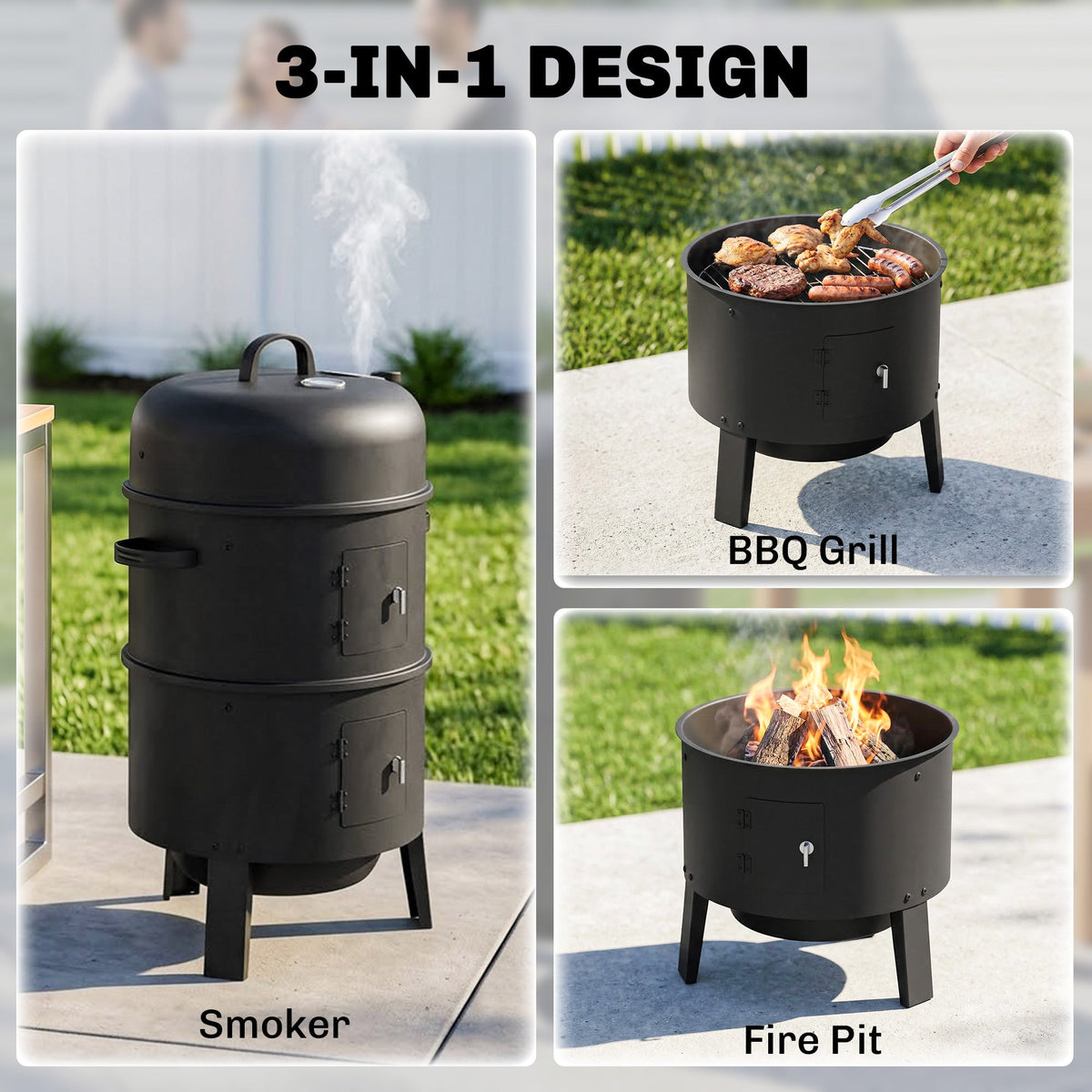 Outsunny 3-in-1 Vertical Charcoal Smoker with 2 Grill Grates, Built-in Thermometer, Adjustable Vent, 2 Doors