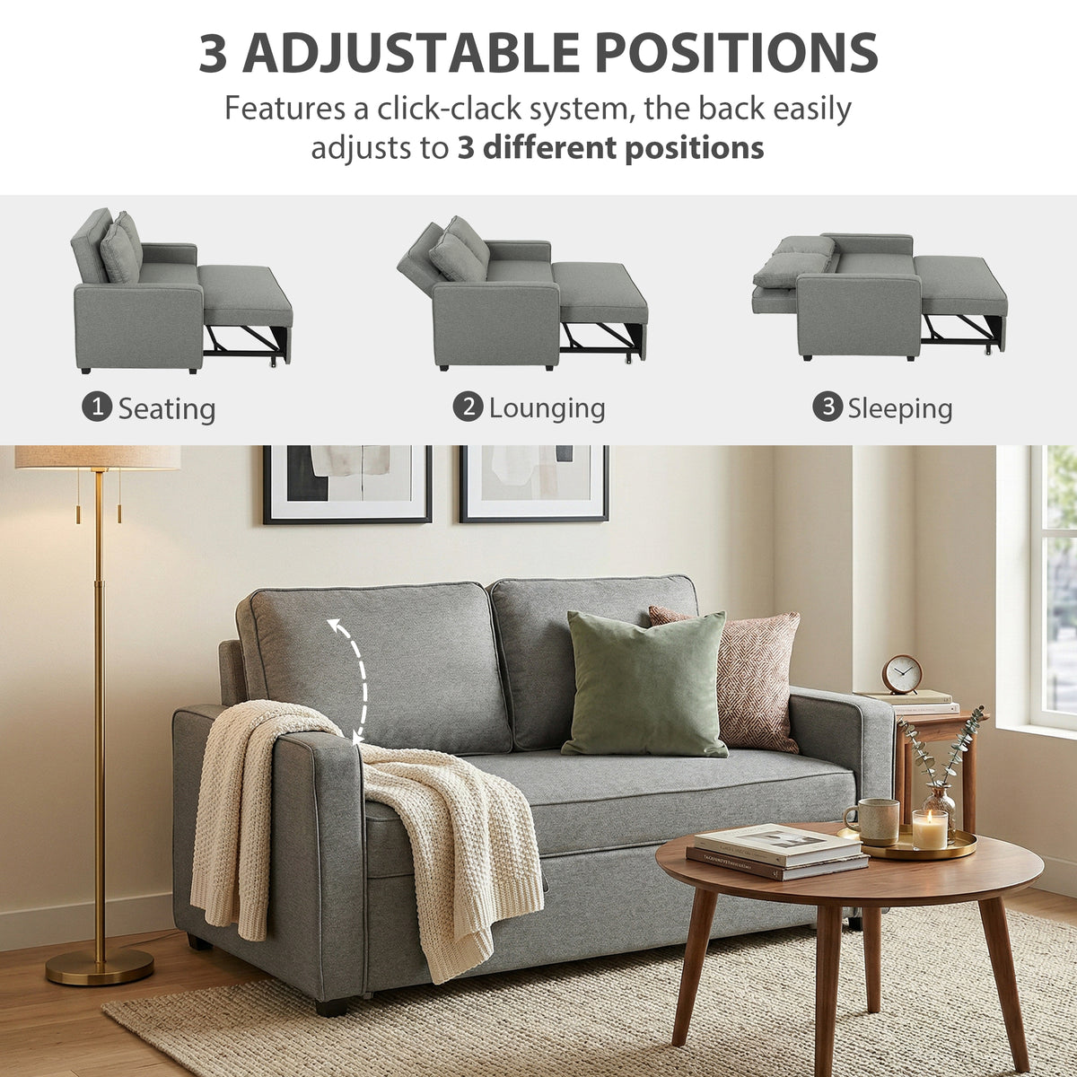 HOMCOM Double Sofa Bed Click Clack Sofa Bed Pull Out Bed with Adjustable Backrest for Living Room and Bedroom Grey