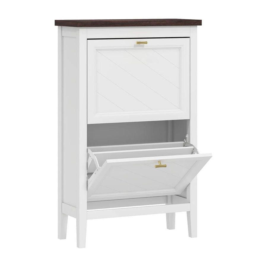 HOMCOM Shoe Cabinet with 2 Flip Drawers, a white farmhouse style shoe storage unit with a dark top