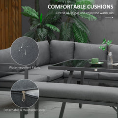 Outsunny 4 Piece L-shaped Garden Furniture Set 8-Seater Aluminium Outdoor Dining Set Conversation Sofa Set w/ Bench, Dining Table & Cushions, Grey