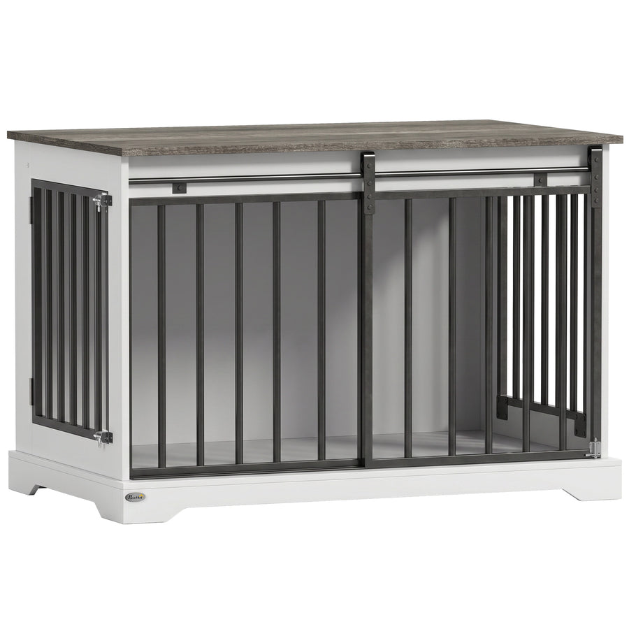 PawHut 100 cm Large Dog Crate Furniture with Sliding Barn Door for Large Dogs, White
