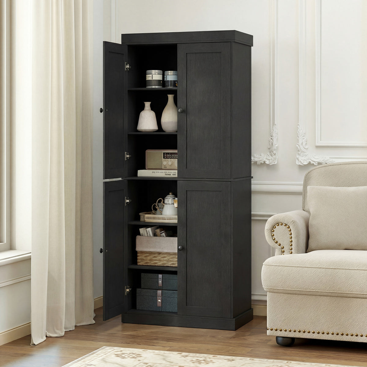 4-Door Modern Freestanding Storage Organizer with 2 Adjustable Shelves-Black