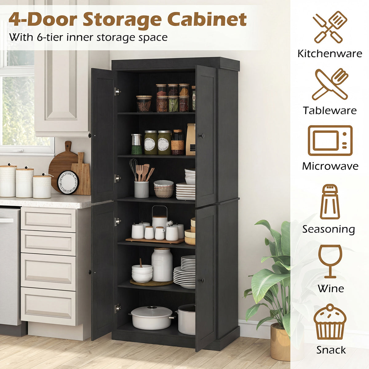 4-Door Modern Freestanding Storage Organizer with 2 Adjustable Shelves-Black