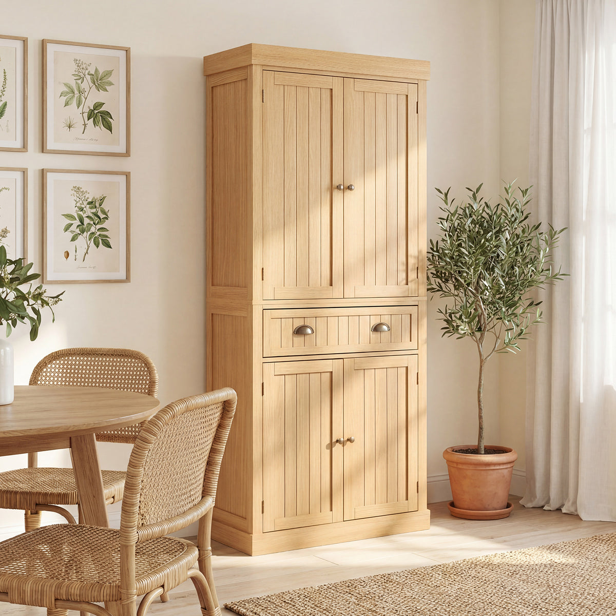 4-Door Tall Kitchen Cupboard Adjustable Shelves and Drawer-Natural