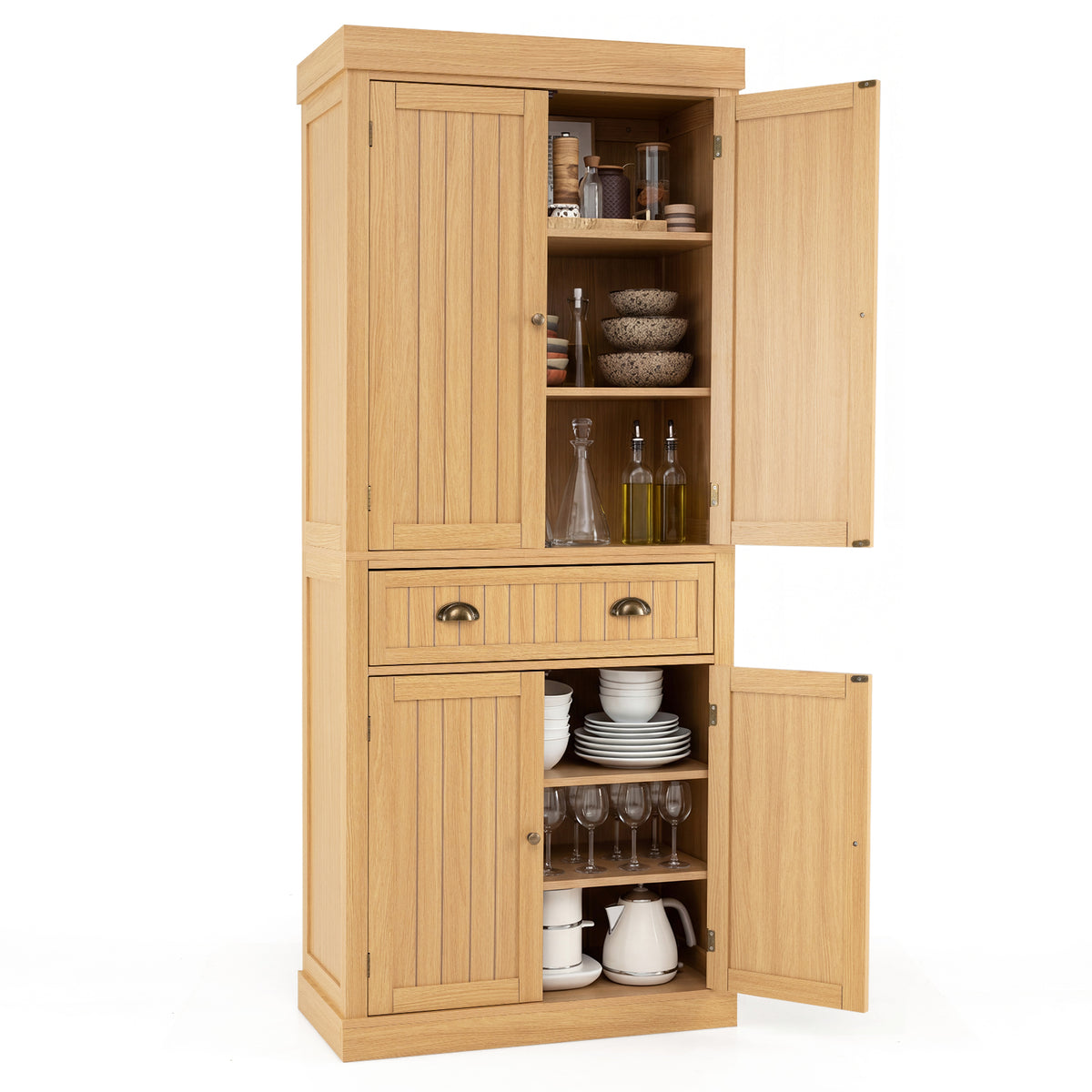 4-Door Tall Kitchen Cupboard Adjustable Shelves and Drawer-Natural